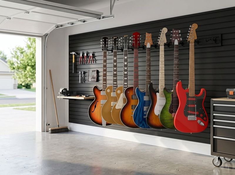 Studio wall rail holding a row of electric and acoustic guitars