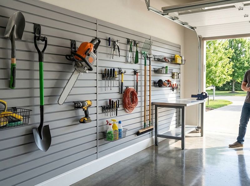 Garage slatwall panel carrying hooks along a T-Channel groove