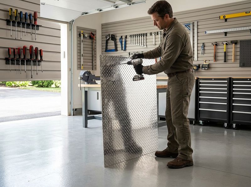 Anodized aluminum diamond tread on a workshop wall