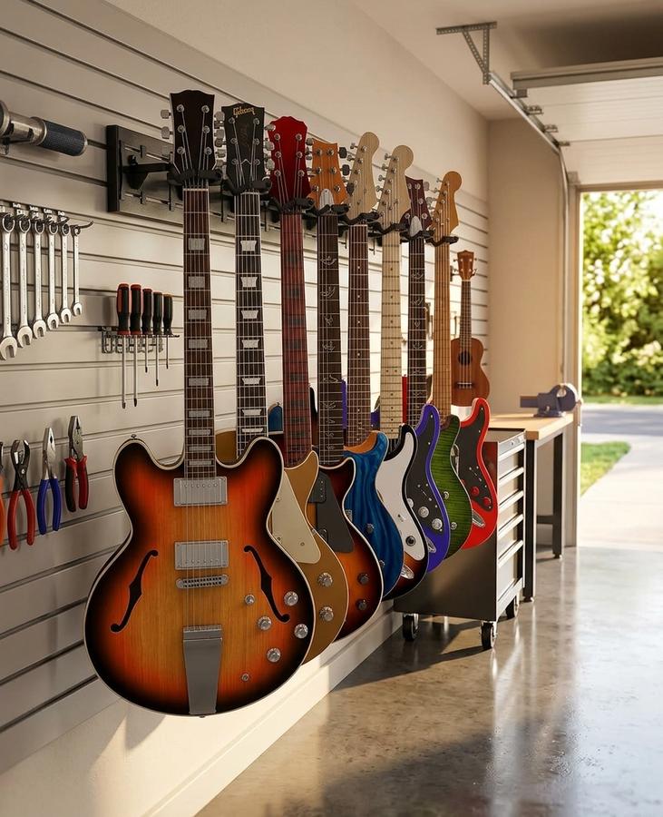 Padded rotating yoke cradling a guitar headstock on a black rail